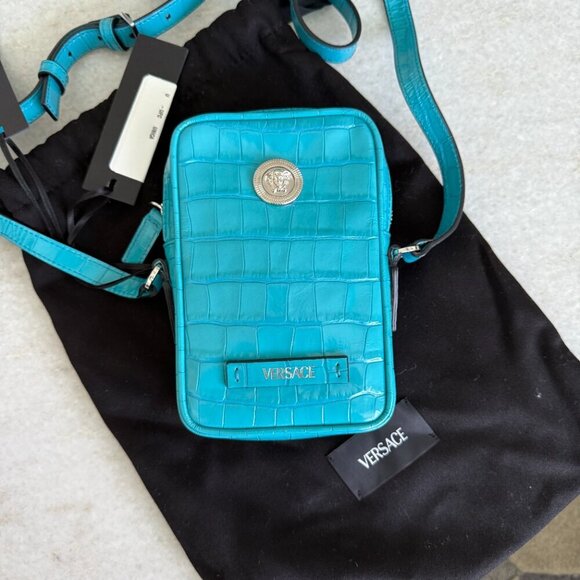 Versace Blue Croc-Embossed Medusa Mini Phone Case Bag 1006192 - Picture 9 of 15